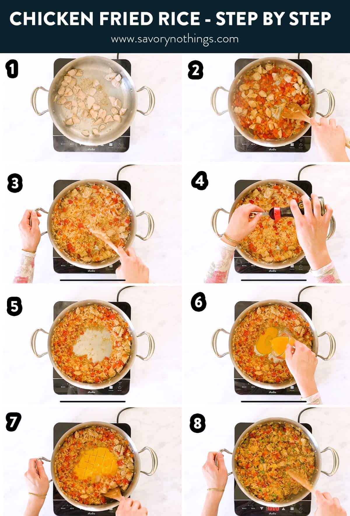 collage of steps to make chicken fried rice