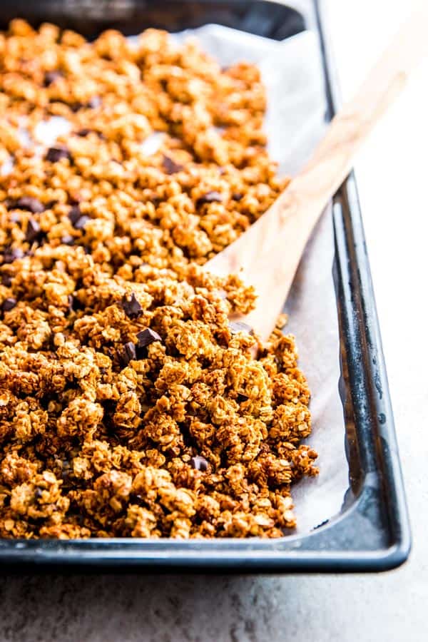 Peanut Butter Granola on a baking sheet.