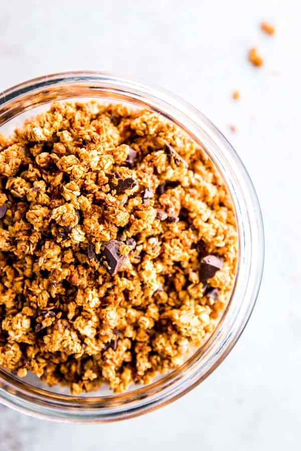 Peanut Butter Granola on the counter in a jar.