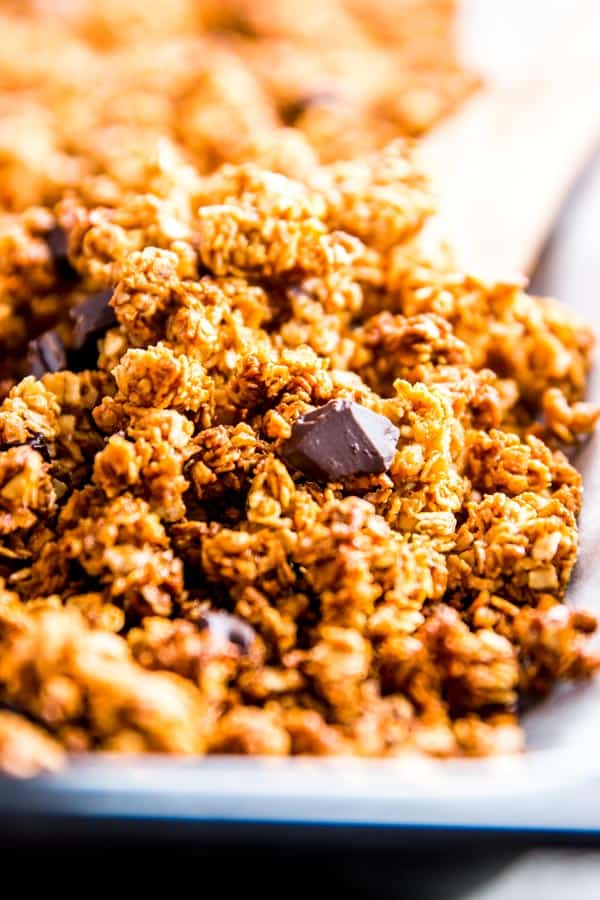 Dark chocolate chunks in peanut butter granola.