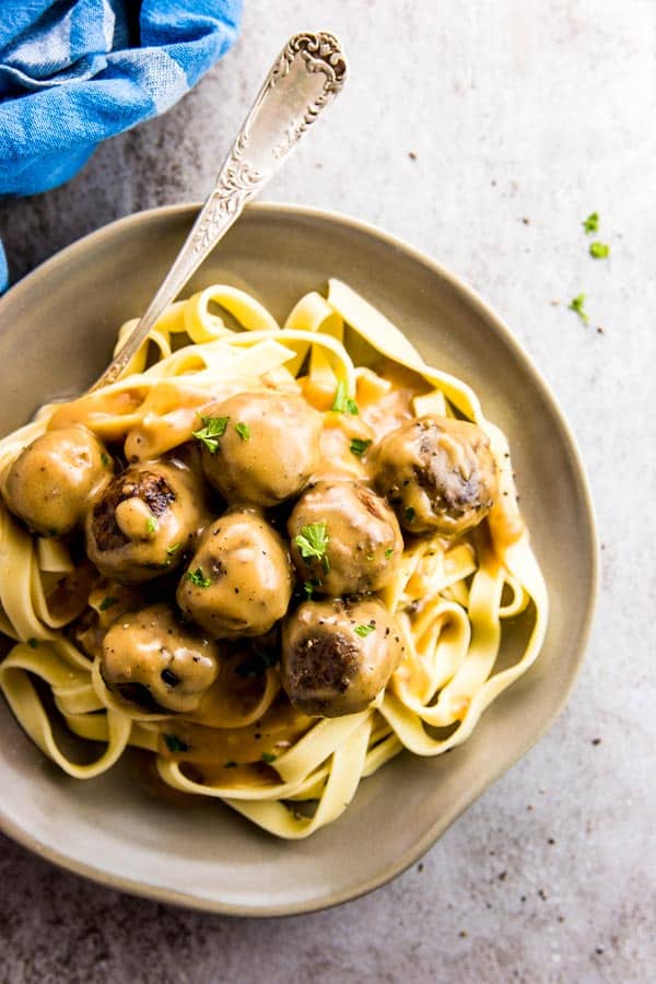 Homemade Swedish Meatballs over egg noodles.