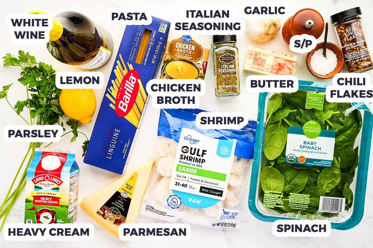 Ingredients for Garlic Butter Shrimp Pasta with text labels.