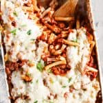 overhead view of casserole dish with baked ziti