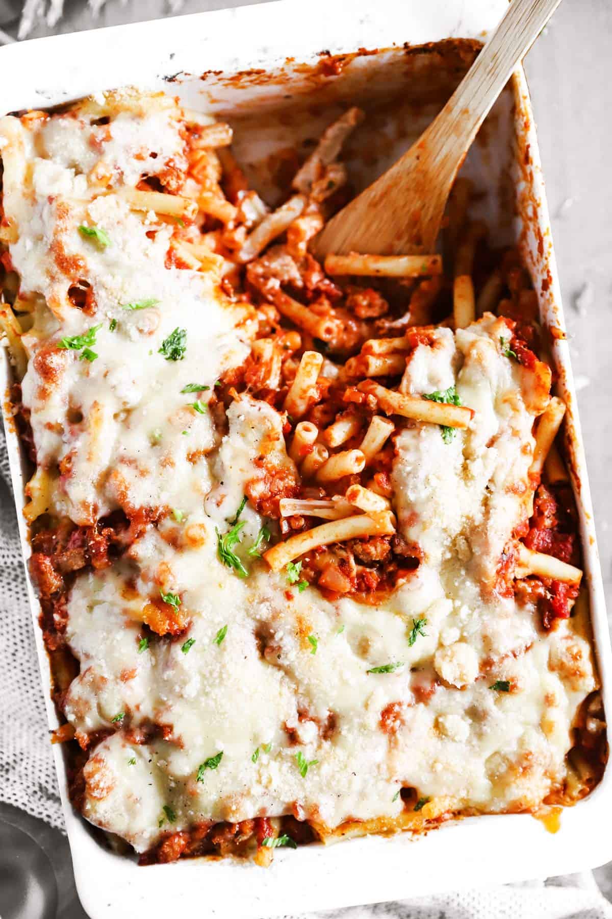 overhead view of casserole dish with baked ziti