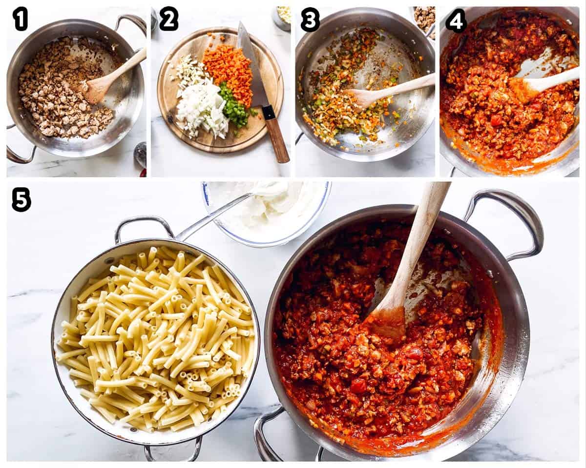 collage of steps to make baked ziti