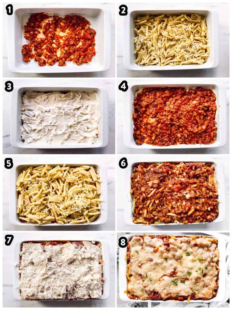 steps to layer a baked ziti casserole