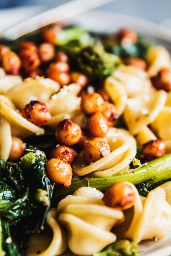 Close up photo of broccoli rabe pasta.