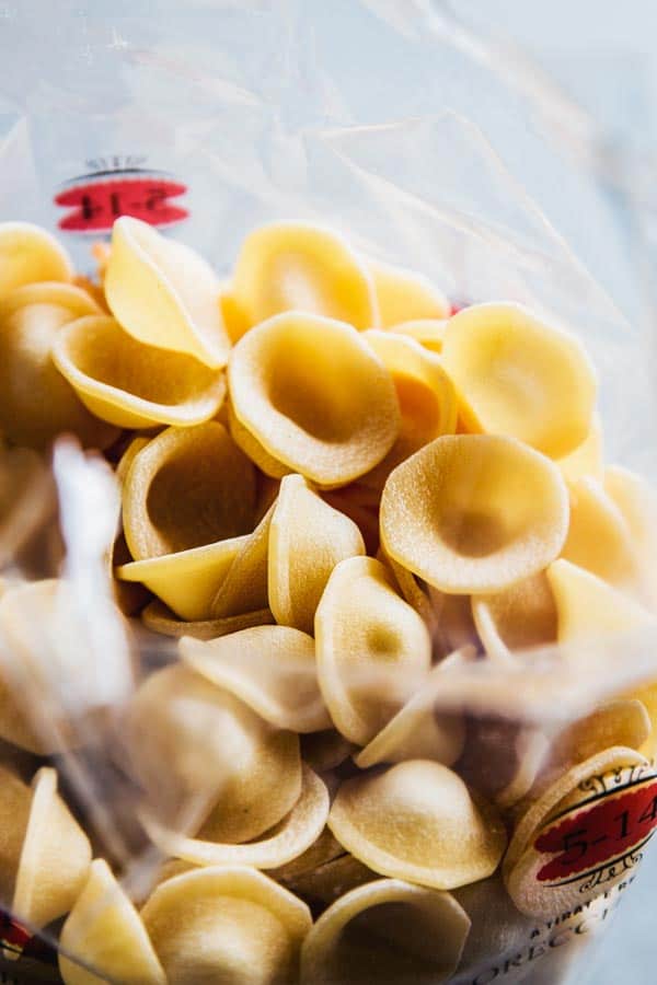 Orecchiette pasta from Garofalo in an opened package.