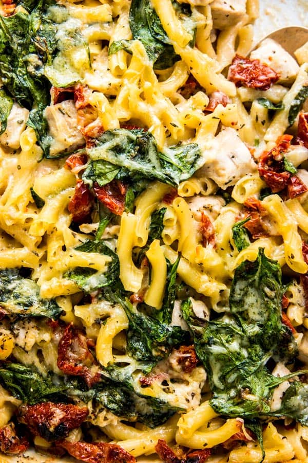 Close up photo of Chicken Florentine Pasta Casserole.