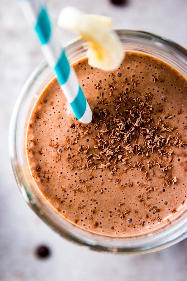 Chocolate peanut butter banana smoothie from the top down