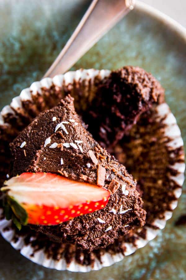 Easy chocolate cupcake on a plate.
