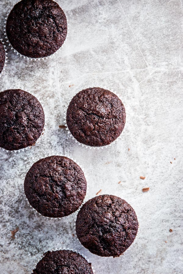 Unfrosted easy chocolate cupcakes.