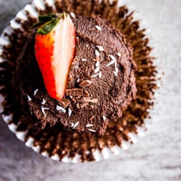 Easy chocolate cupcake with the liner unwrapped.