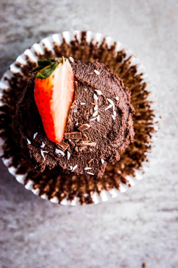 Easy chocolate cupcake with the liner unwrapped.