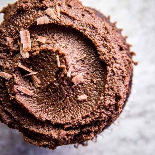 Easy chocolate frosting on a chocolate cupcake.