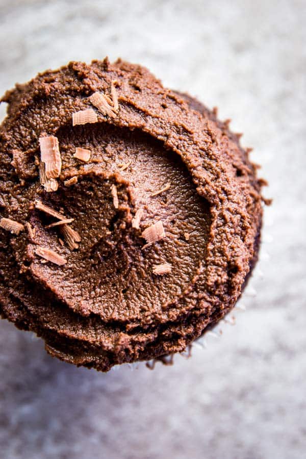 Easy chocolate frosting on a chocolate cupcake.