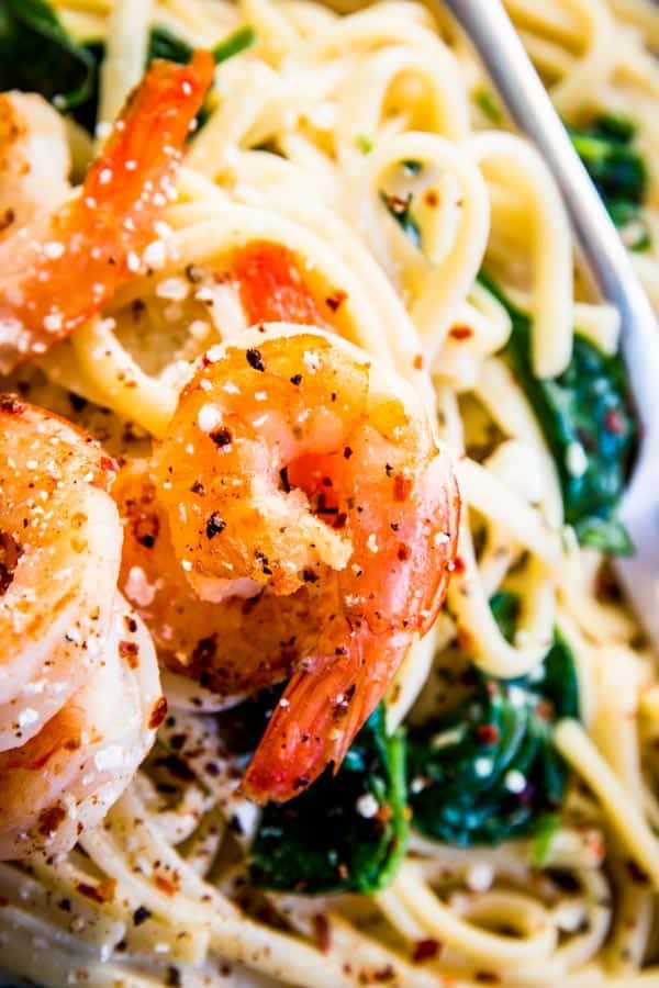 Close up of shrimp in Garlic Butter Shrimp Pasta