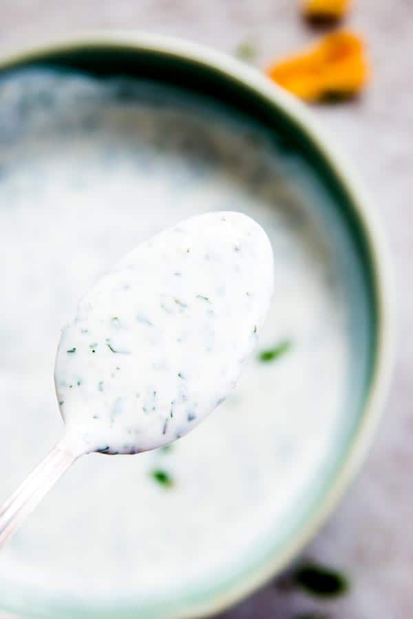 Greek Yogurt Ranch Dip on a spoon.