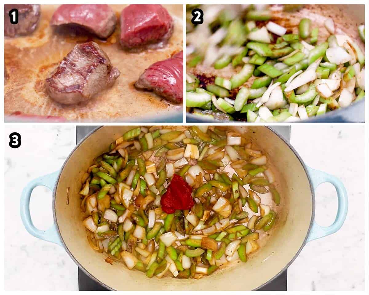 photo collage to show how to sauté ingredients to make Guinness beef stew