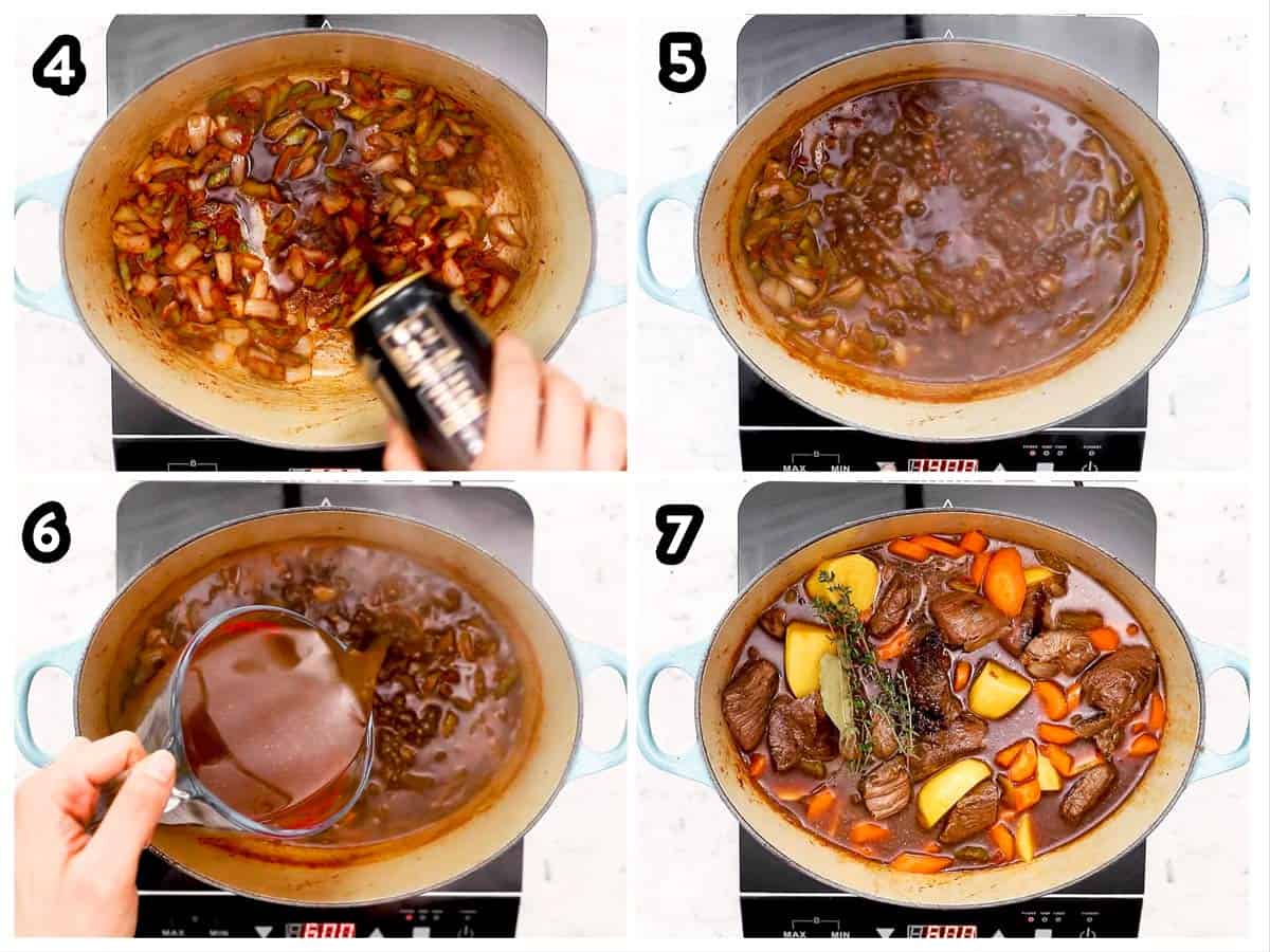 photo collage to show how to assemble and cook Guinness beef stew