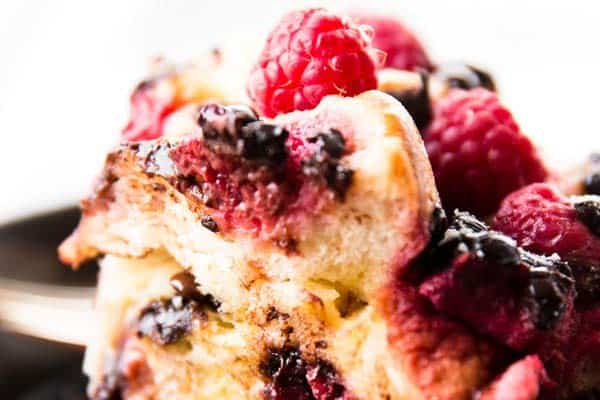 Close up image of Crockpot Raspberry Chocolate Chip French Toast Casserole