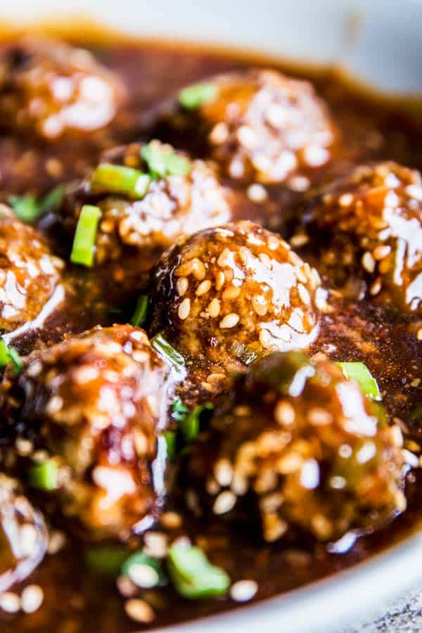 Close up photo of Korean BBQ Meatballs.