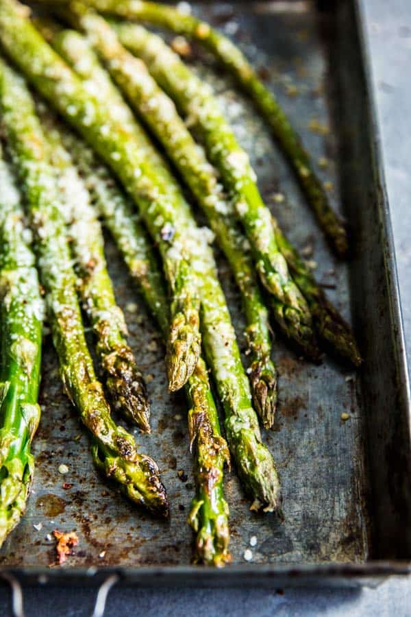 Close up of garlic parmesan roasted asparagus.