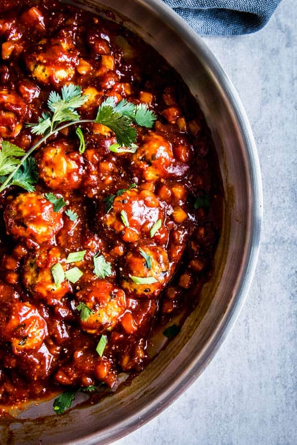 Pineapple BBQ Meatballs in a skillet.