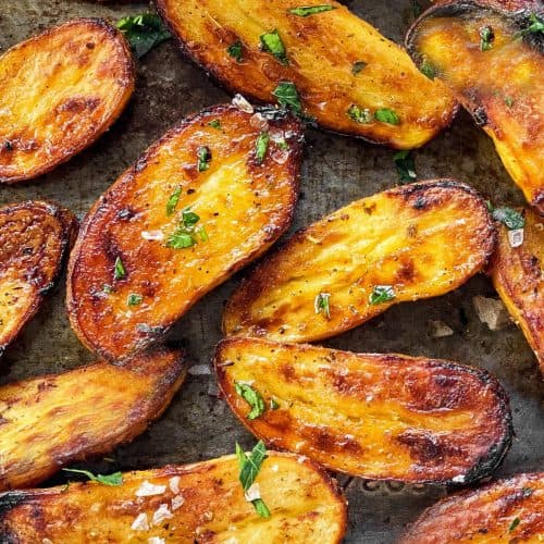 close up photo of roasted fingerling potatoes