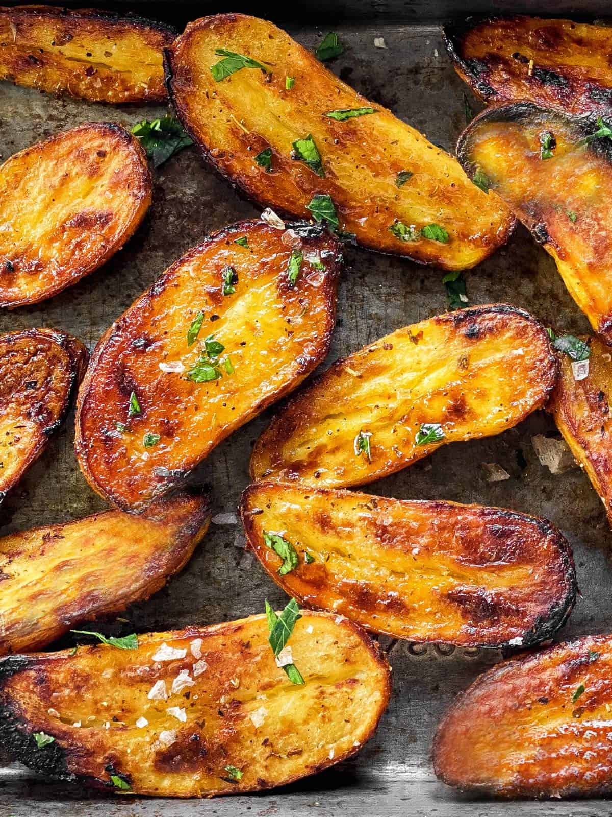 close up photo of roasted  fingerling potatoes