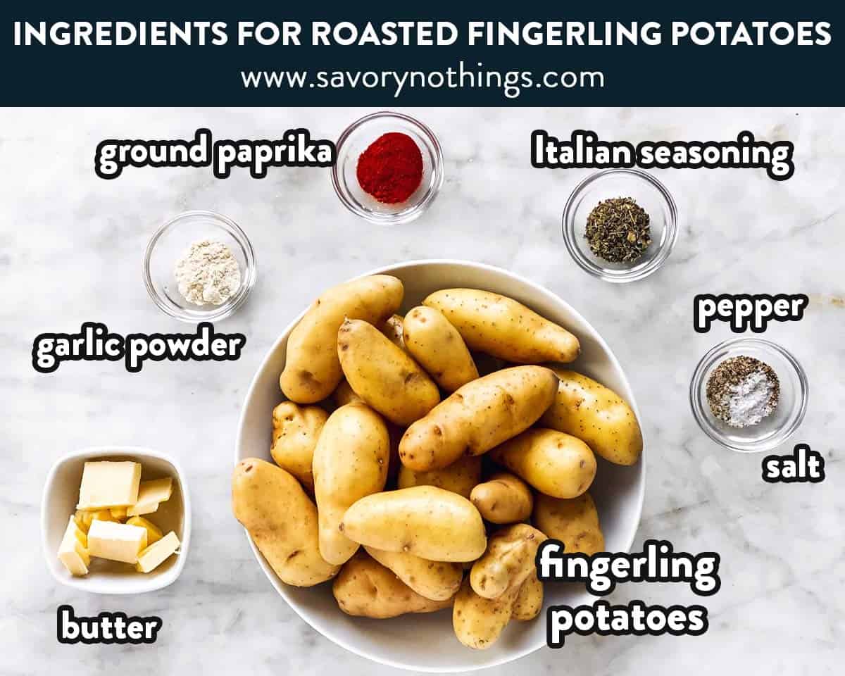 ingredients for roasted fingerling potatoes with text labels