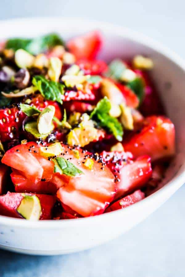 Close up photo of strawberry fruit salad.