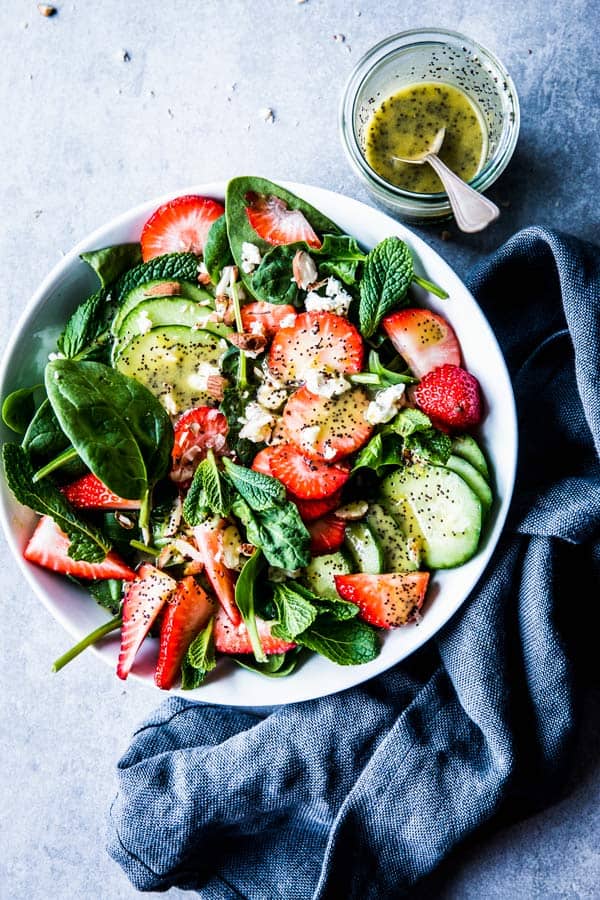 Strawberry Spinach Salad with Poppy Seed Dressing on the side.
