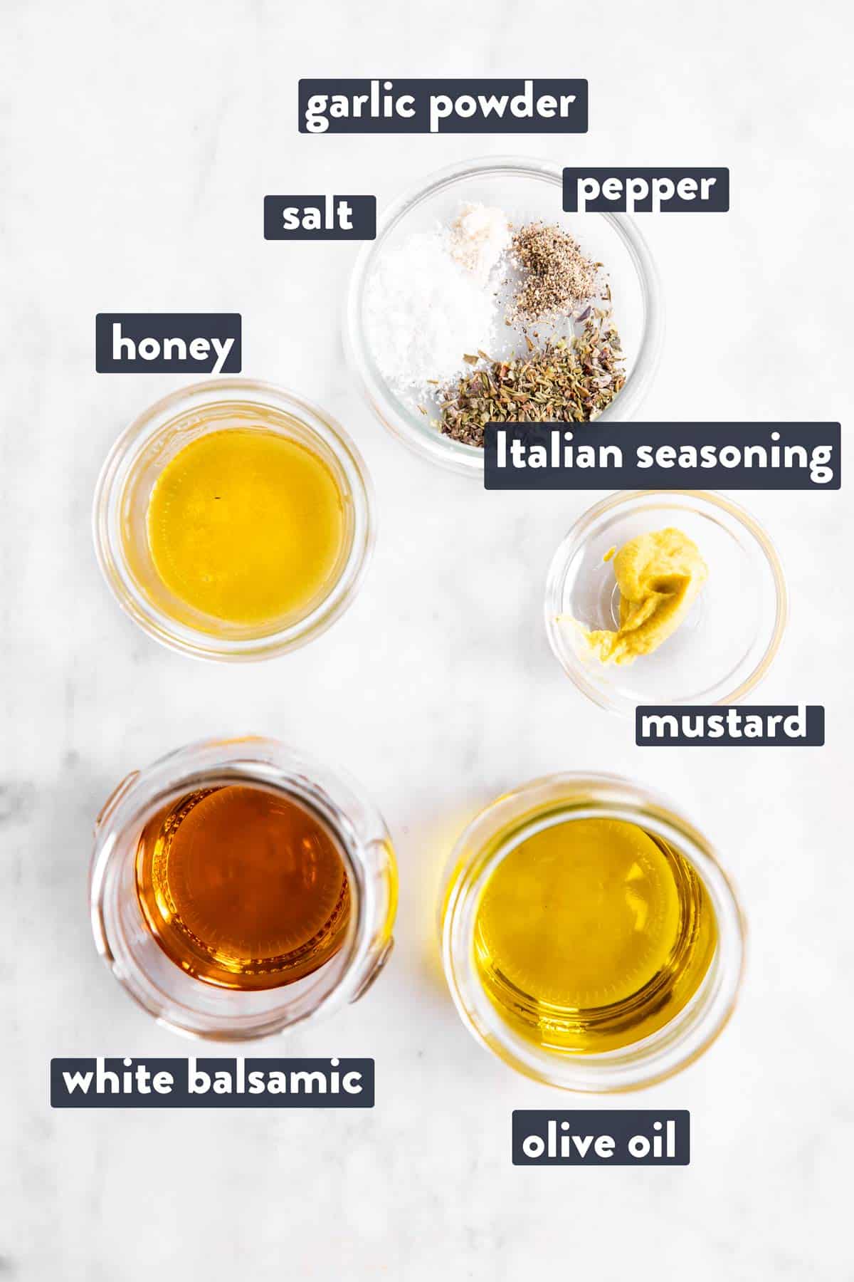 ingredients for white balsamic vinaigrette with text labels