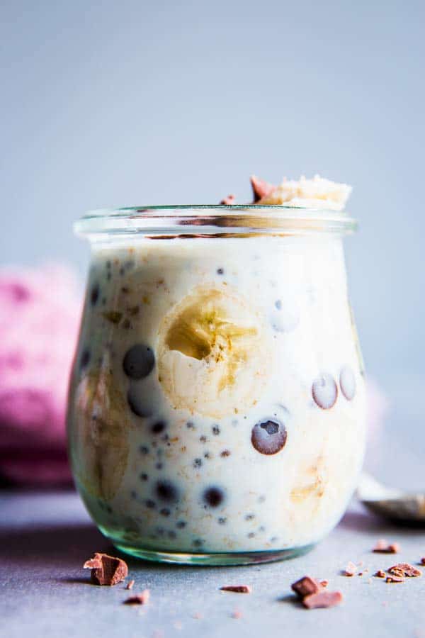 Banana Chocolate Chip Overnight Oats in a jar.