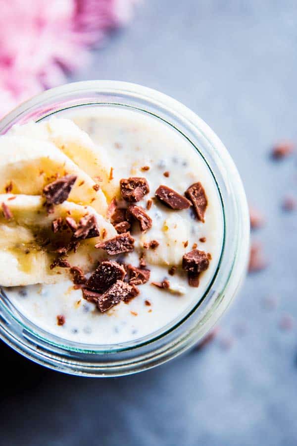 Banana Chocolate Chip Overnight Oats in a jar from above.