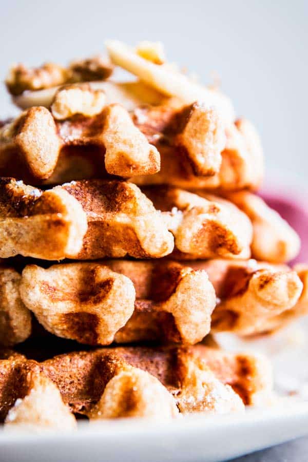 Stack of banana nut waffles.