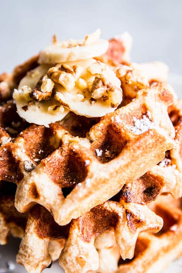 Close up picture of banana nut waffles.