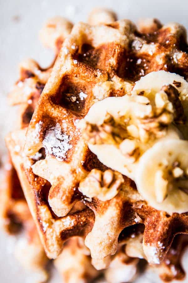 Close up photo of banana nut waffles.