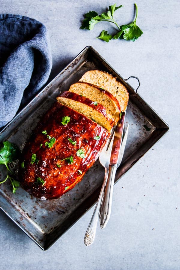 BBQ Turkey Meatloaf on a sheet pan 