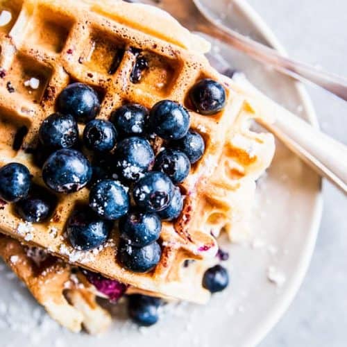 Blueberry Waffles on a white plate.