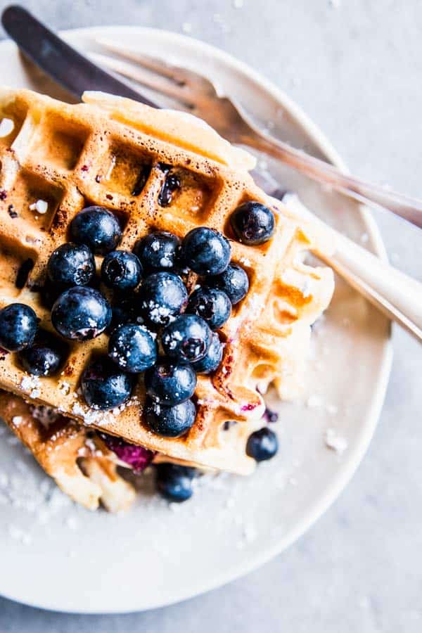 Blueberry Waffles on a white plate.