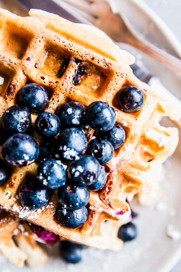 Close up photo of blueberry waffles.