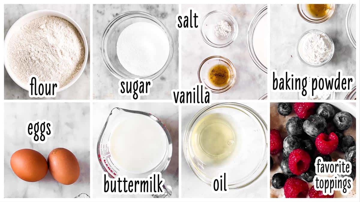 ingredients for buttermilk waffles with text labels