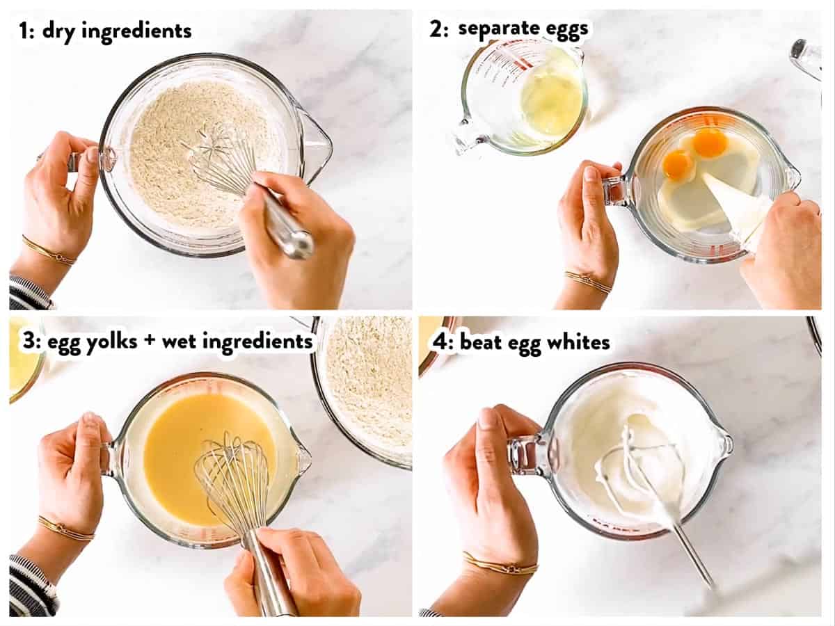 photo collage to show how to combine wet and dry ingredients separately for waffles