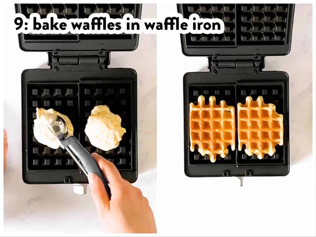 photo collage to show how to bake waffles in a waffle iron