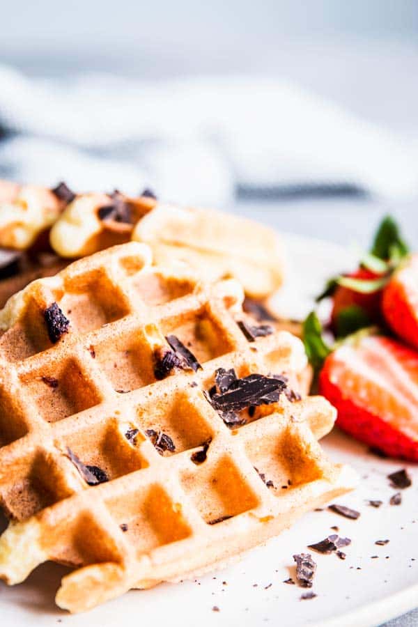 Close up photo of chocolate chip waffles.