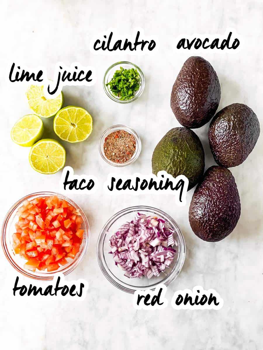 ingredients for homemade guacamole with text labels