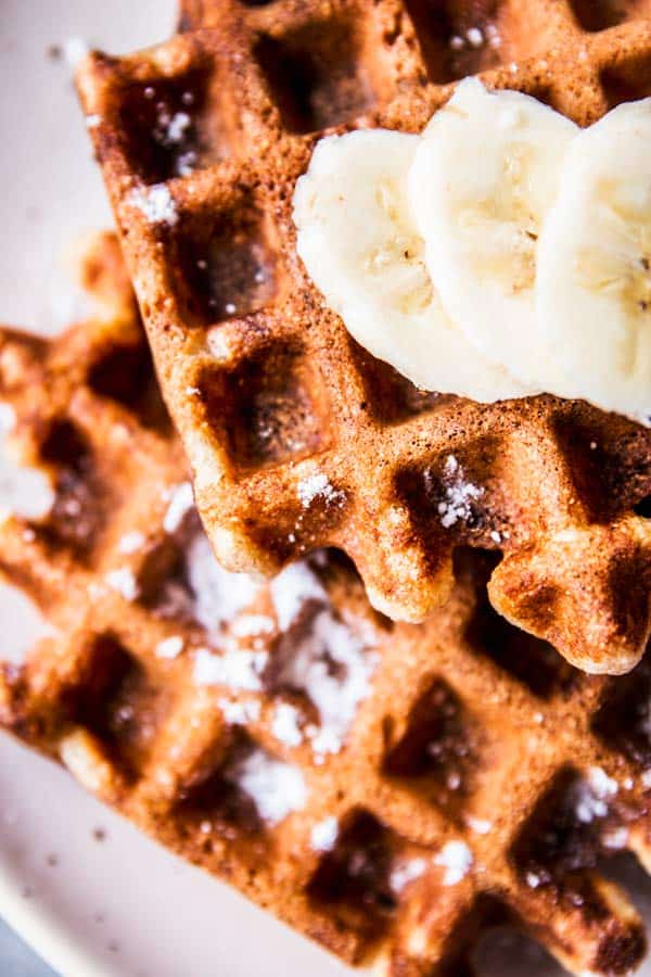 Close up photo of healthy banana waffles.