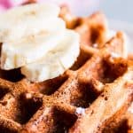 Close up shot of healthy banana waffles.